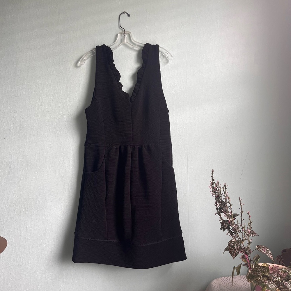 Anthropologie Black Ruffled V-Neck Mini Dress